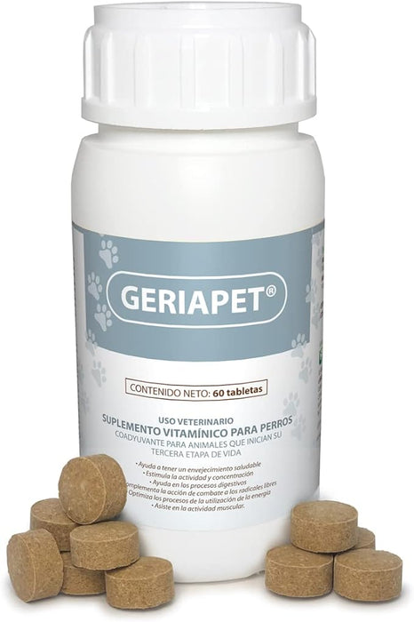 Ruiland Geriapet - Suplemento Alimenticio para Perros Mayores y Tercera Edad, Envejecimiento Saludable, 60 Tabletas Masticables