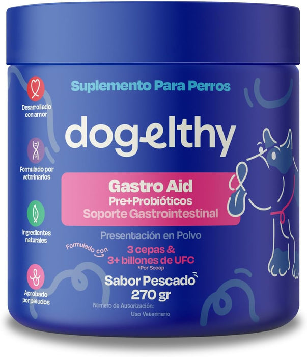 Dogelthy Gastro Aid. Pre + Probioticos Complemento para Croquetas o Dieta Barf Sabor a Pescado de 270g