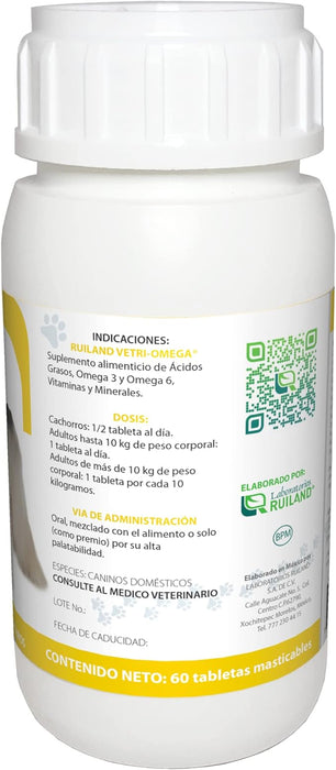 Ruiland Omega - Suplemento Alimenticio para Perros, Piel y Pelo, Contiene ácidos Grasos Esenciales, Omega 3 y 6, 60 Tabletas Masticables