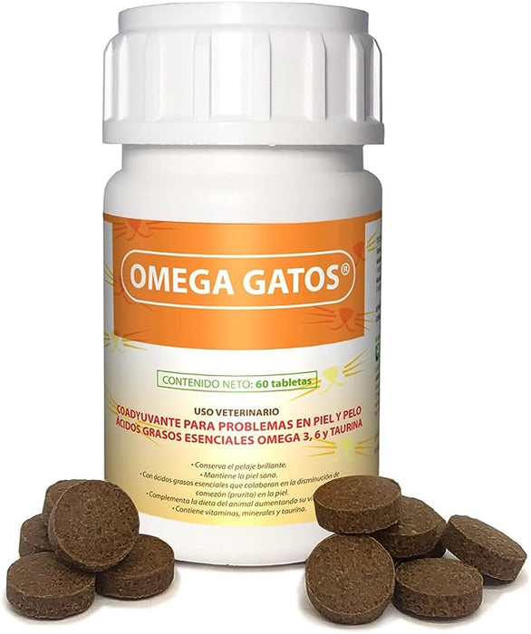 Ruiland Omega Gatos - Suplemento Alimenticio para Gatos, Vitaminas, Minerales, Omega 3 y 6, Enriquecido con Aminoácidos y Taurina, 60 Tabletas Masticables