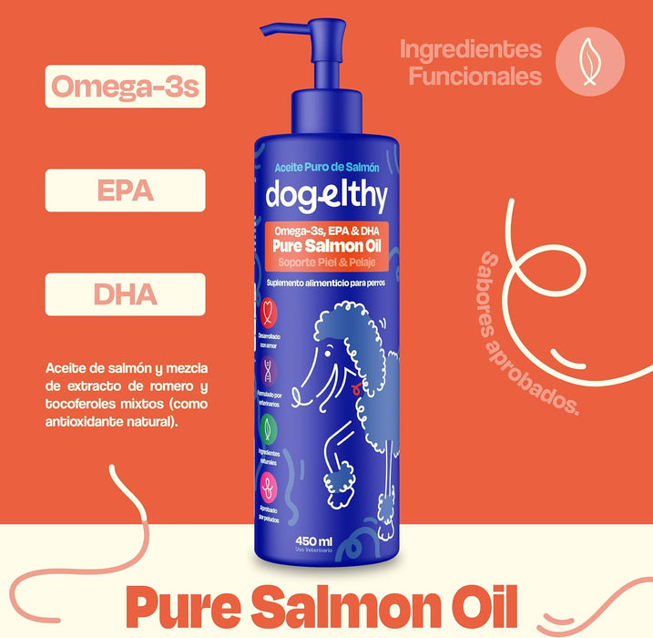 Dogelthy, Aceite de Salmon con Omega 3 para Perros, Suplemento 450 ml