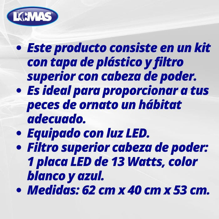 Lomas, Kit Acuario Rectangular Negro c/Luz 100 L.