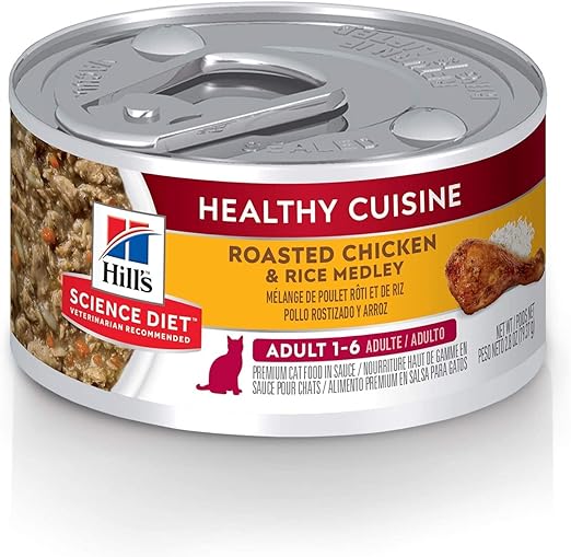 Alimento para Gato Adulto, Hill's Science Diet, Receta Pollo y Arroz Healthy Cuisine, Húmedo (lata de 80 gramos)
