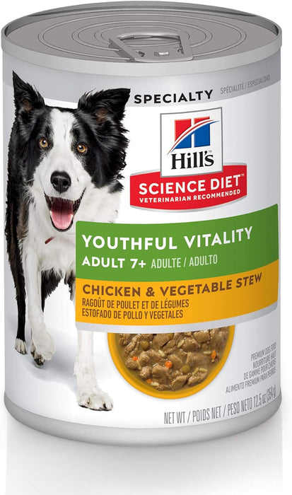 Hill's Science Diet, Adult 7+ Vitalidad Juvenil, Alimento en lata para Perros Adultos Mayores, Estofado de Pollo y Vegetales, (lata de 354 gr)