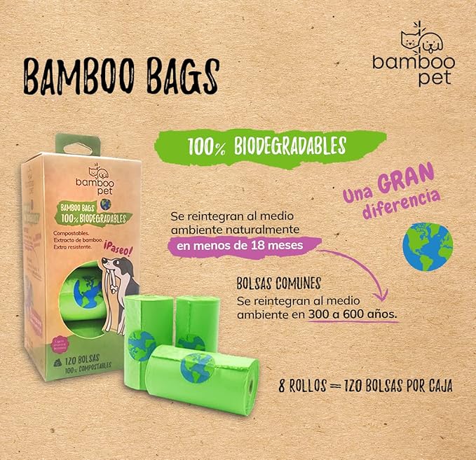 Bamboo Pet-bolsas compostables 100% biodegradables 120 piezas